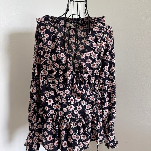 Everleigh Floral Navy Rust Ruffle Wrap Tie Long Sleeve Blouse Medium - Picture 2 of 10